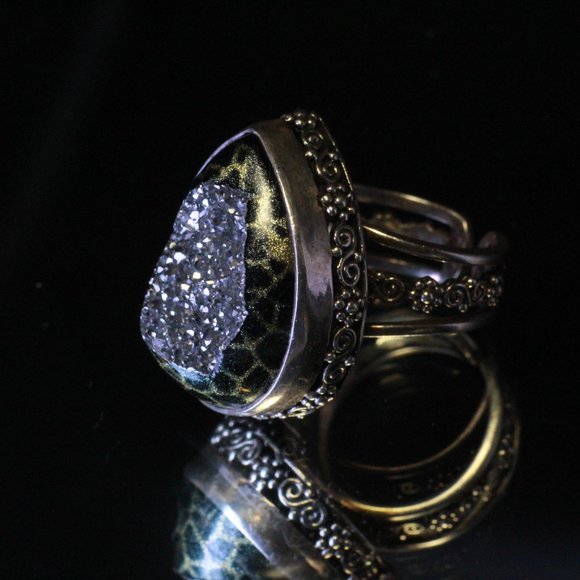 STERLING SILVER SAJEN DRUZY SILVER ANIMAL PRINT SPLIT RING - Picture 7 of 9